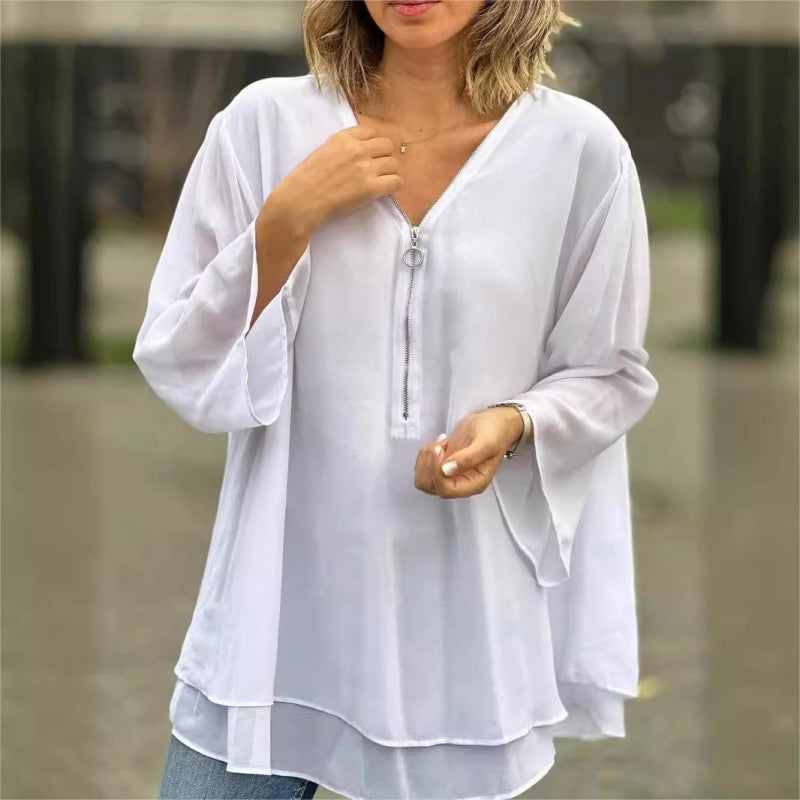 Quorina™ - Blouse Femme en Chiffon Col V Zippé Manches 3/4 Fluide Élégante