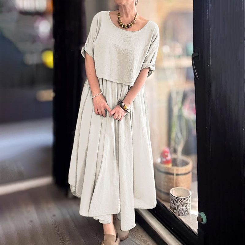 Fiorenza™ - Ensemble deux pièces coton et lin à col rond, chemisier et jupe, pour femmes