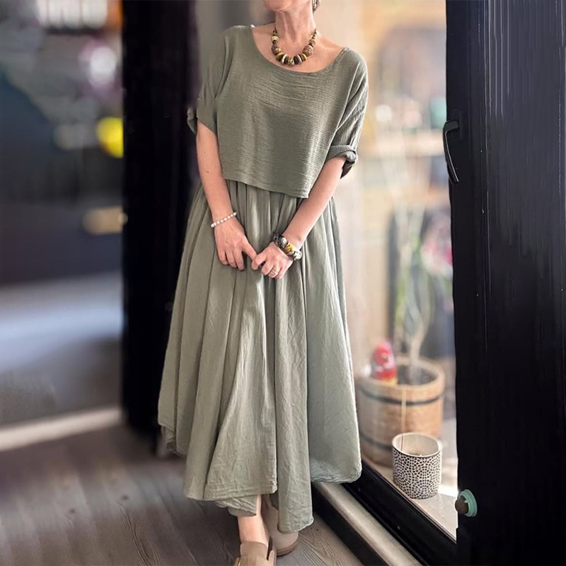 Fiorenza™ - Ensemble deux pièces coton et lin à col rond, chemisier et jupe, pour femmes