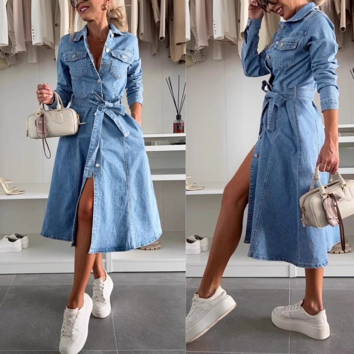 Avenyx™ - Robe Femme Denim Ajustée Ceinturée Style Moderne Polyvalent