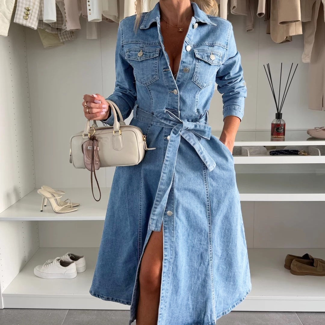 Avenyx™ - Robe Femme Denim Ajustée Ceinturée Style Moderne Polyvalent