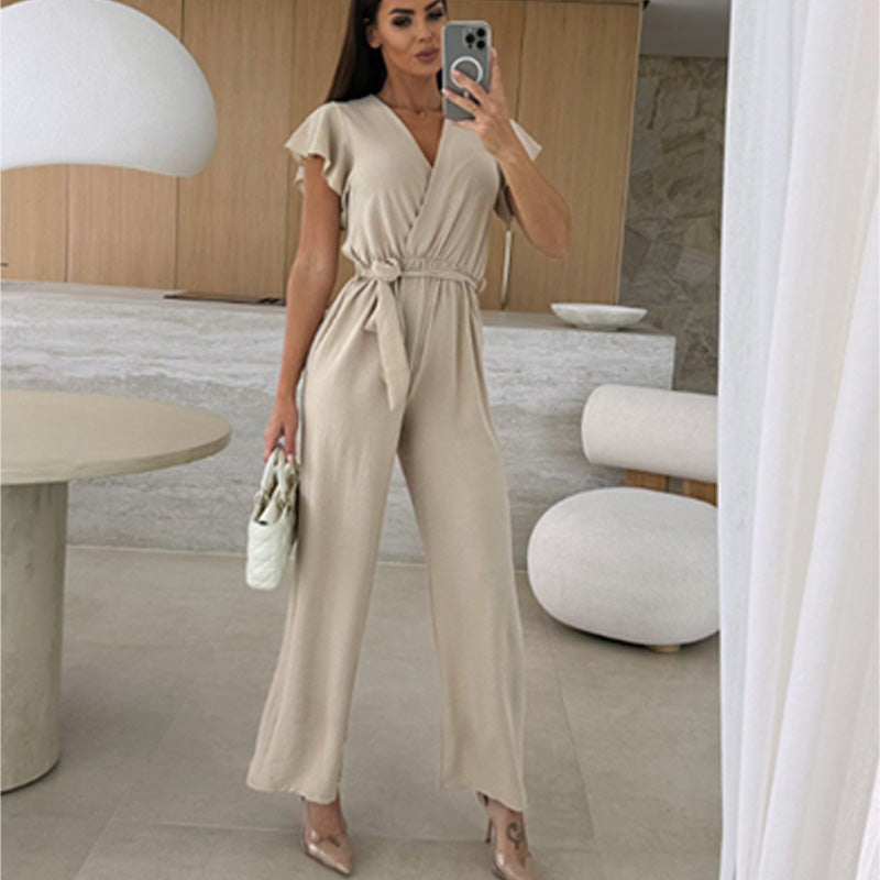Isolina™ - Combinaison Unie avec Décolleté en V, Manches Volantées et Jambes Larges