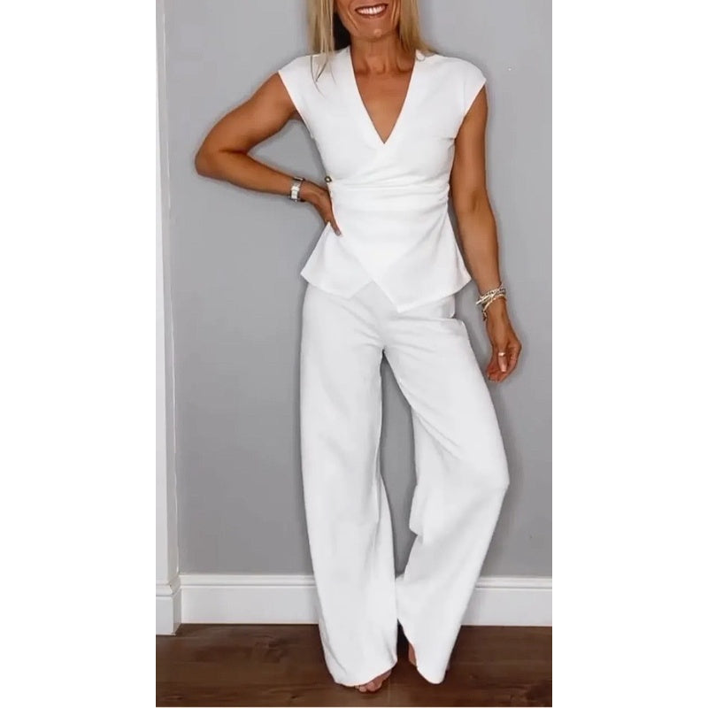 Bovirae™ - Ensemble femme élégant col V pantalon fluide moderne