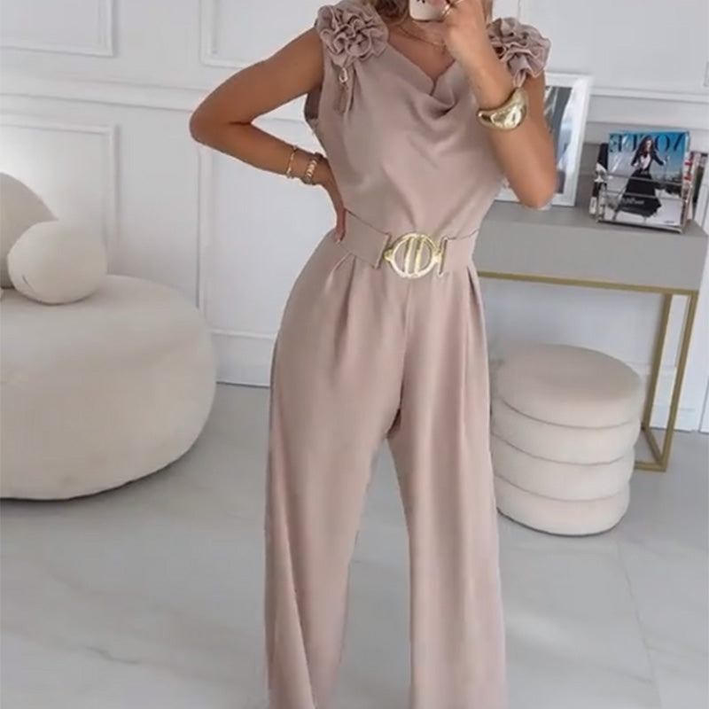 Jasene - Combinaison femme sans manches avec fleurs 3D et ceinture