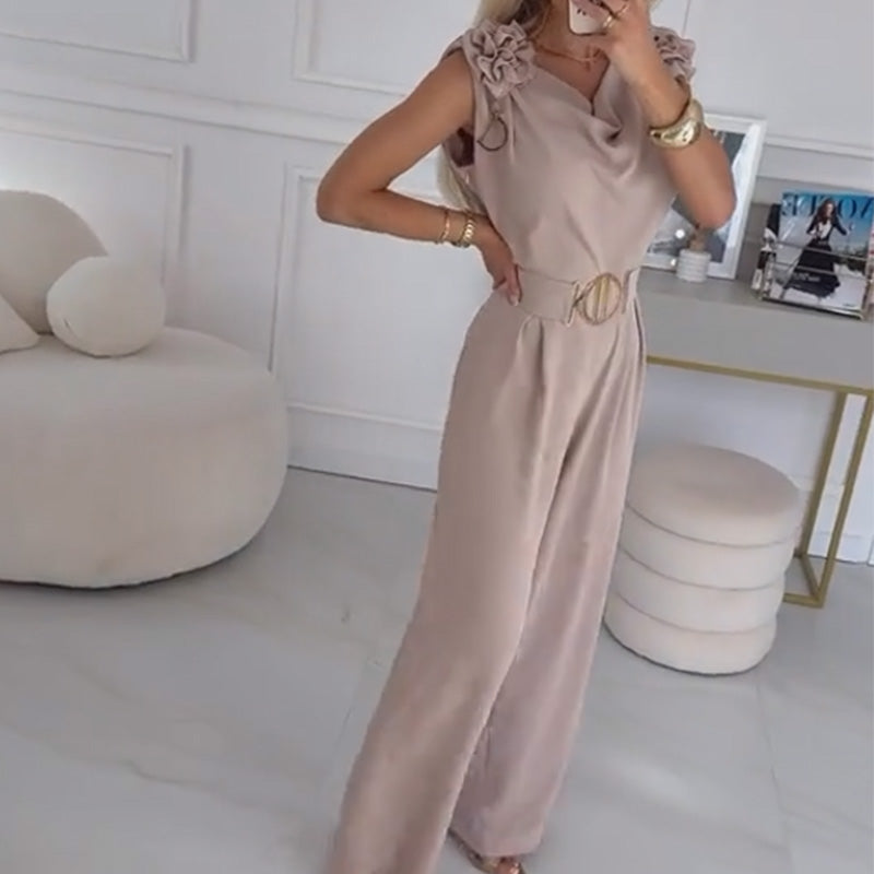 Jasene - Combinaison femme sans manches avec fleurs 3D et ceinture
