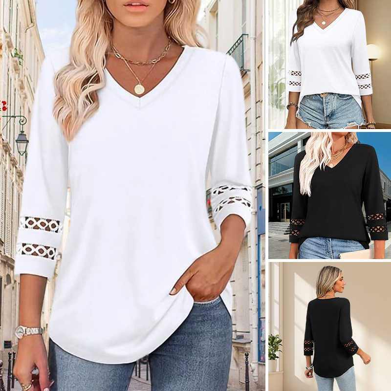 Heliona™ - Top femme manches 3/4 col en V uni