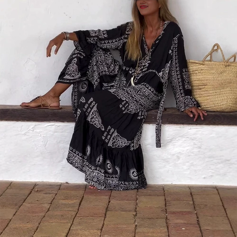 Azeliax™ - Robe femme longue imprimé ethnique col V ceinturée manches longues
