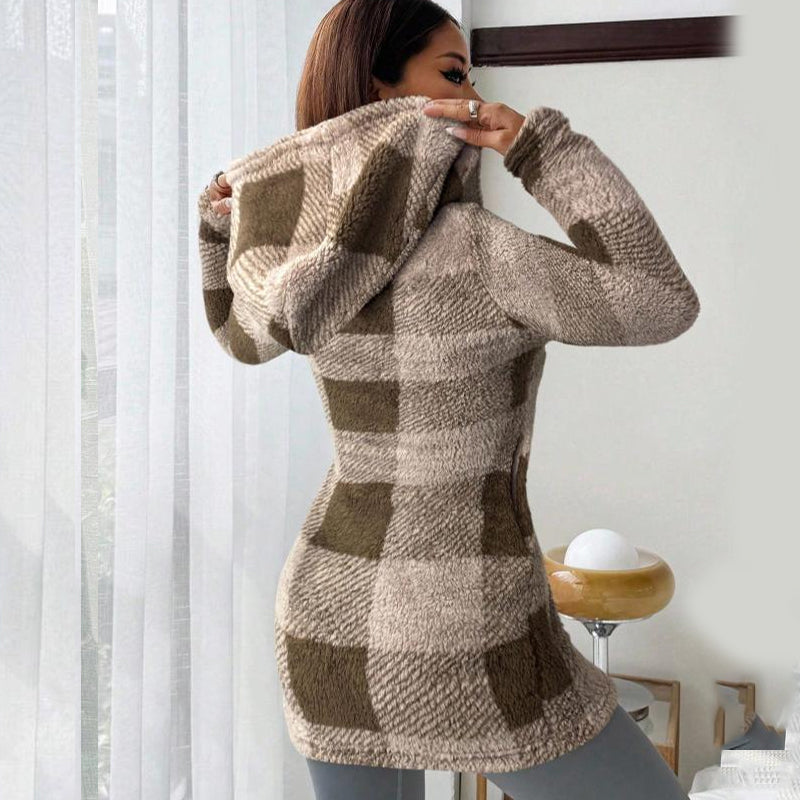 Doralisse- Veste Longue à Carreaux avec Capuche