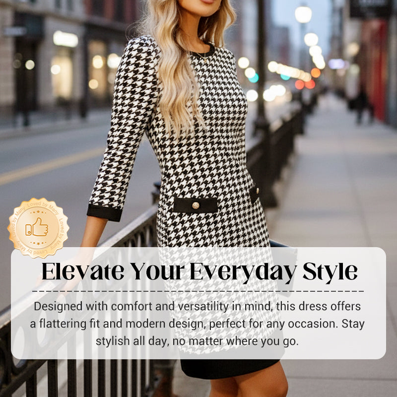 Olyra - Robe Midi Houndstooth Col Rond Élégante