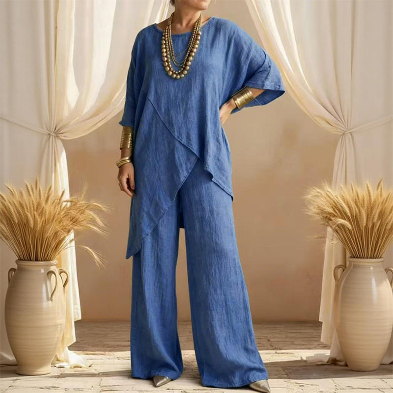 Eliune™ - Ensemble Femme de Deux Pièces Top Asymétrique et Pantalon Large Fluide