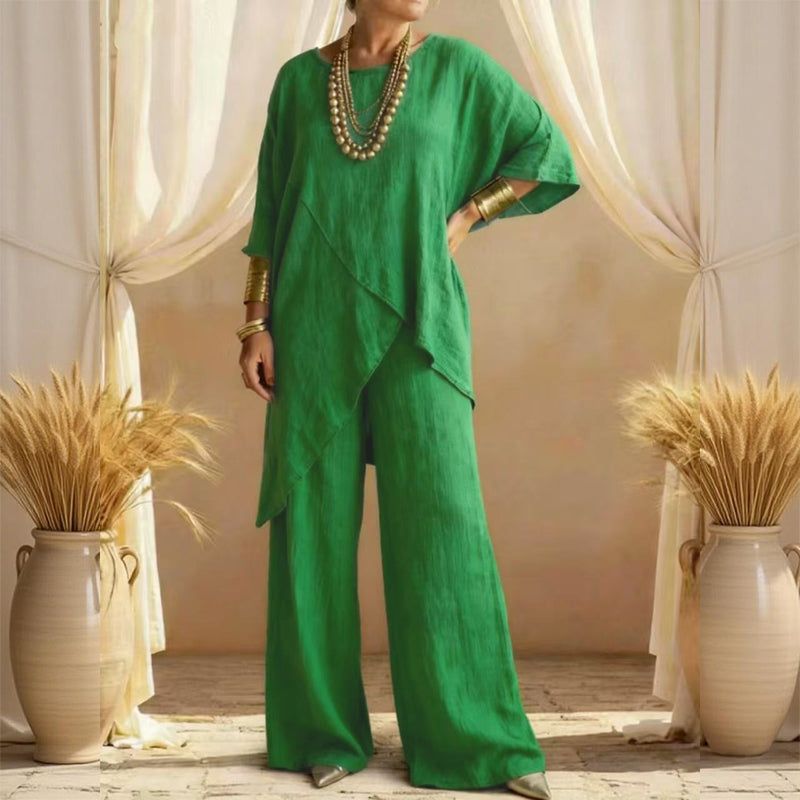 Eliune™ - Ensemble Femme de Deux Pièces Top Asymétrique et Pantalon Large Fluide