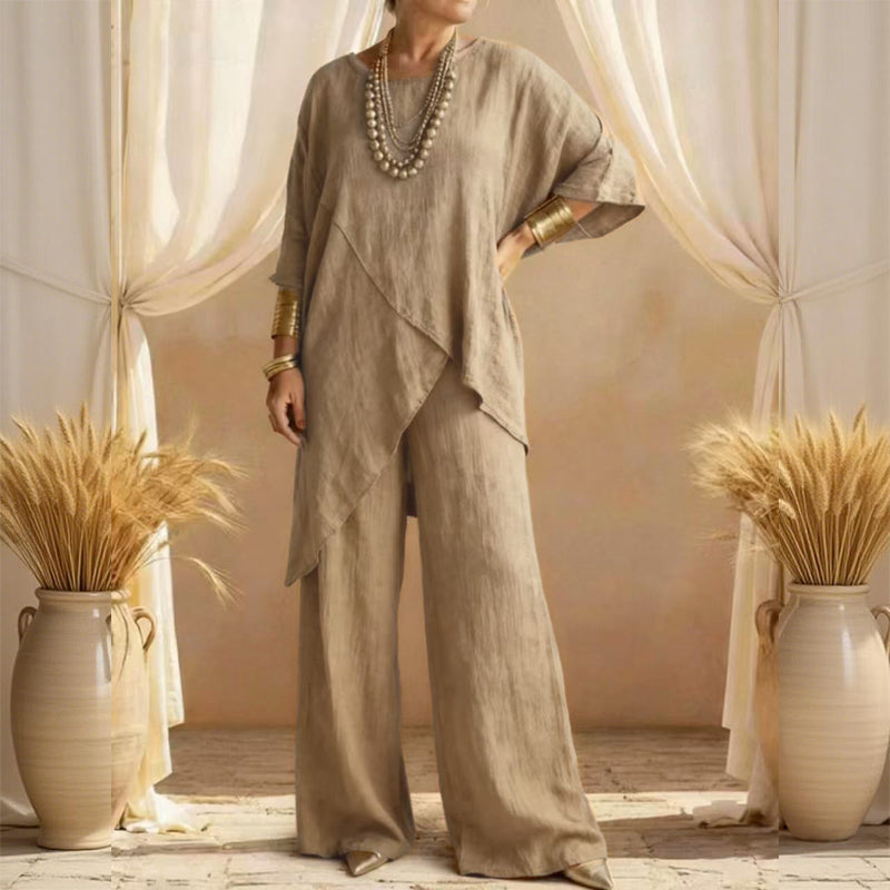 Eliune™ - Ensemble Femme de Deux Pièces Top Asymétrique et Pantalon Large Fluide