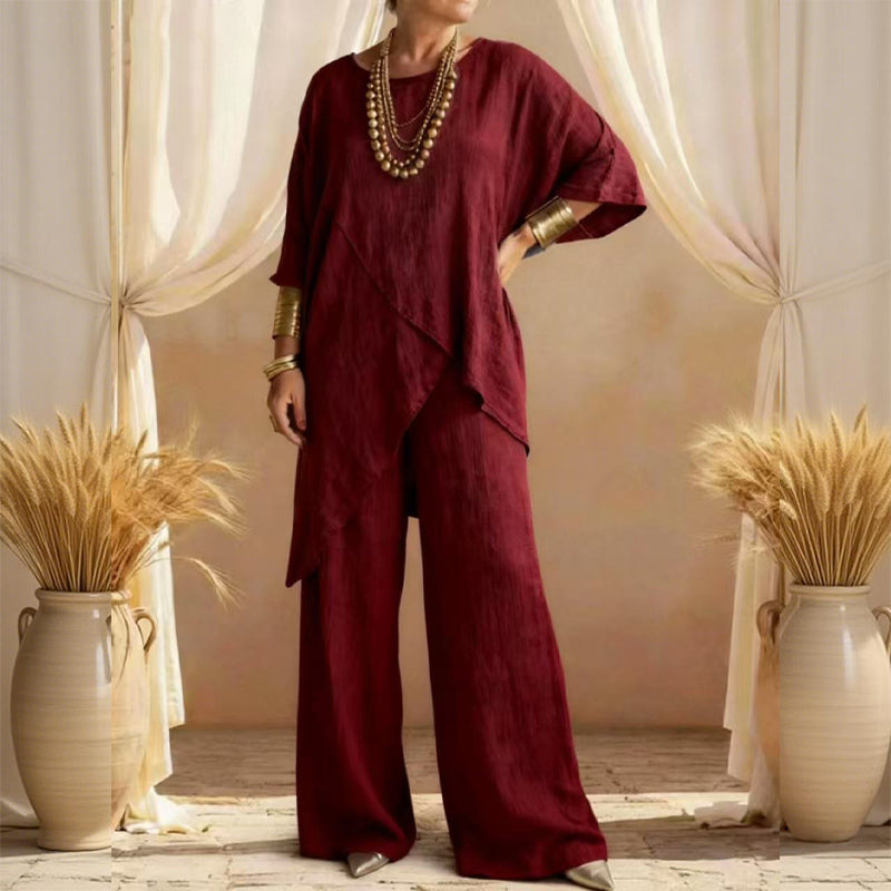 Eliune™ - Ensemble Femme de Deux Pièces Top Asymétrique et Pantalon Large Fluide