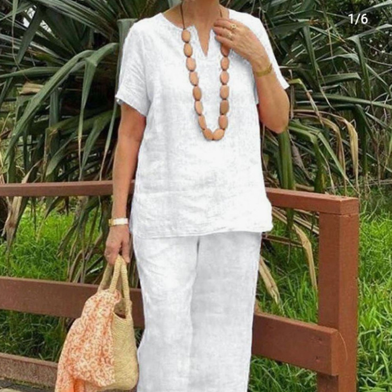 Glynia™ - Ensemble Femme Coton Lin Deux Pièces Col V et Pantalon Fluide