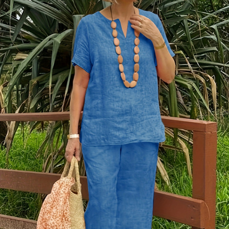 Glynia™ - Ensemble Femme Coton Lin Deux Pièces Col V et Pantalon Fluide