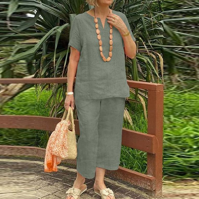Glynia™ - Ensemble Femme Coton Lin Deux Pièces Col V et Pantalon Fluide