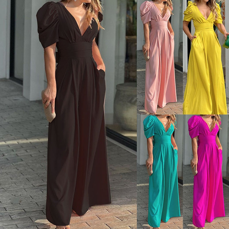 Rosenya - Combinaison femme élégante à col V et pantalon palazzo