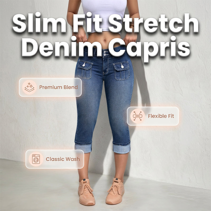 Hovelle™ - Pantalon Femme Capri Denim Stretch Coupe Ajustée Taille Mi Haute