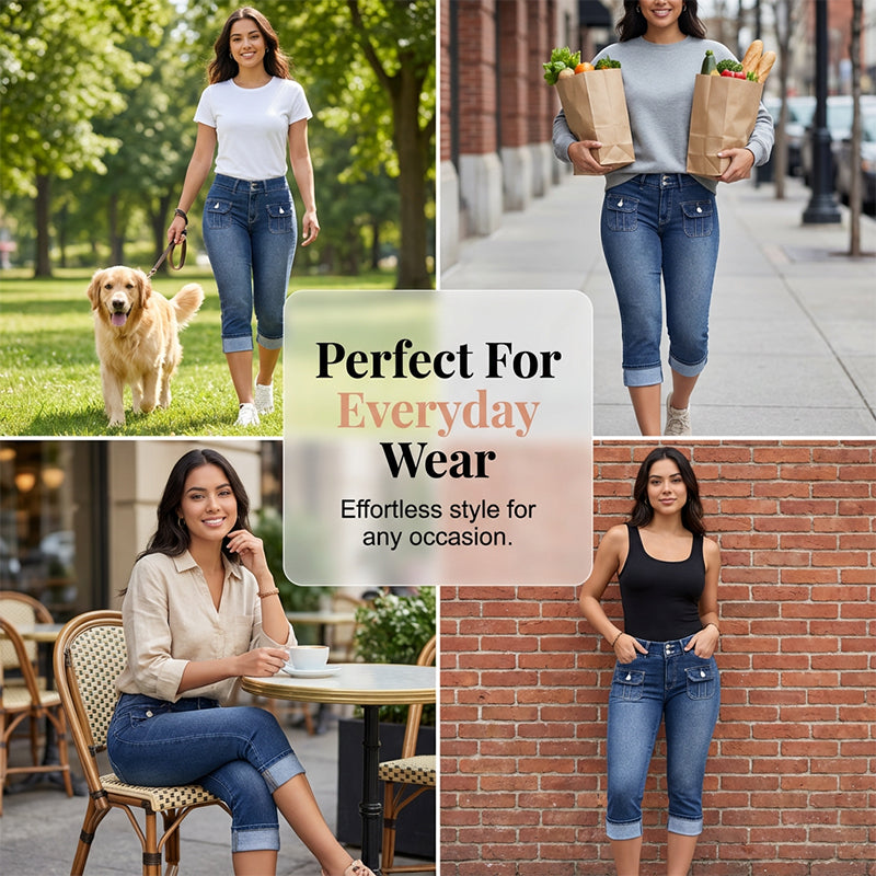Tovixa™ - Pantalon Femme Capri Denim Stretch Coupe Ajustée Taille Mi Haute