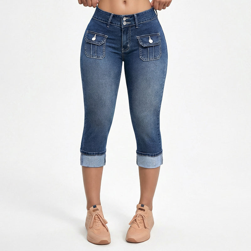 Tovixa™ - Pantalon Femme Capri Denim Stretch Coupe Ajustée Taille Mi Haute