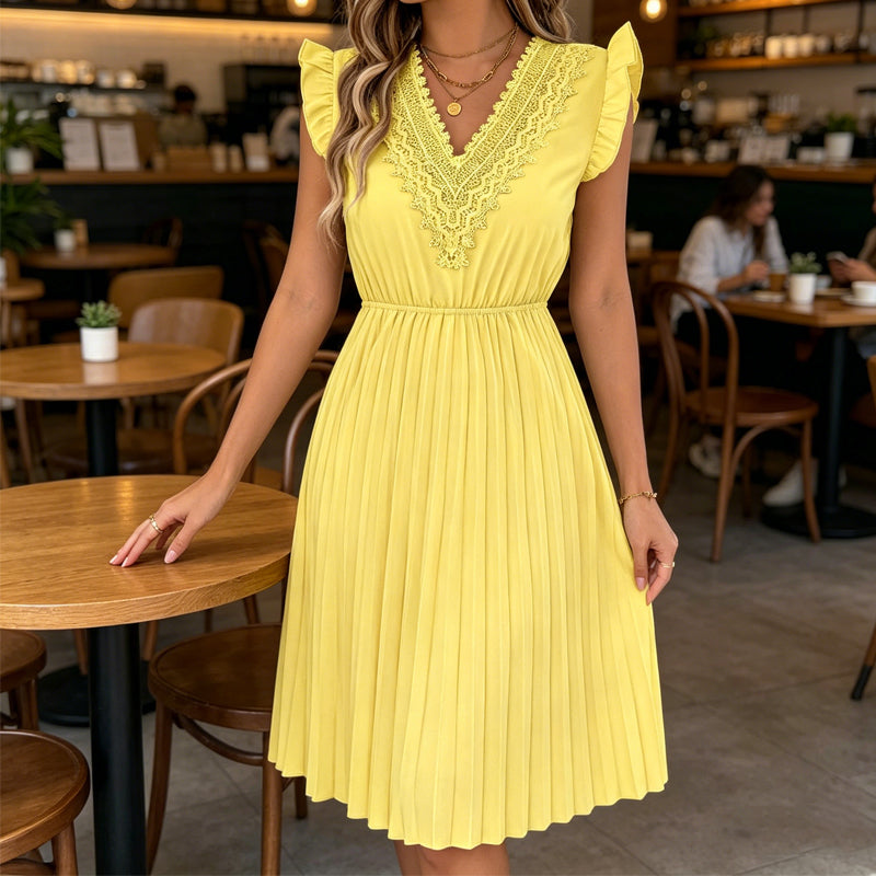 Quorielle - Robe midi femme plissée avec dentelle et col V