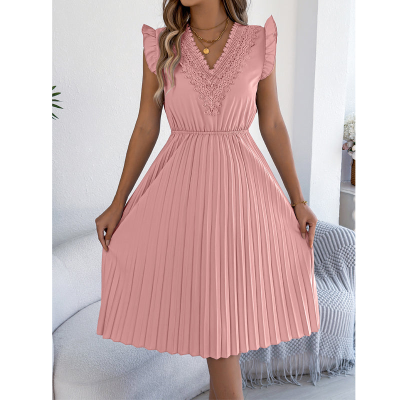 Quorielle - Robe midi femme plissée avec dentelle et col V