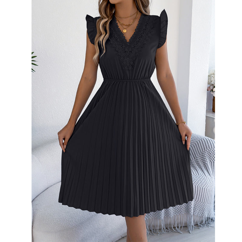 Quorielle - Robe midi femme plissée avec dentelle et col V