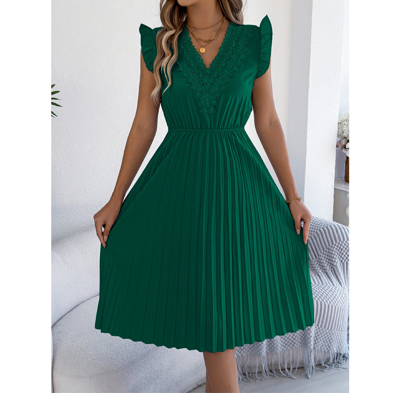 Quorielle - Robe midi femme plissée avec dentelle et col V