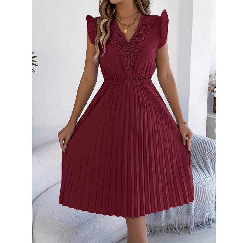 Quorielle - Robe midi femme plissée avec dentelle et col V