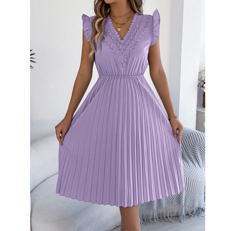 Quorielle - Robe midi femme plissée avec dentelle et col V