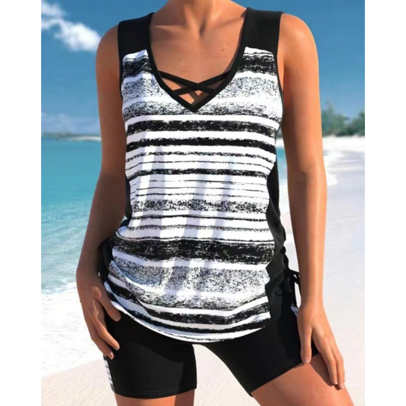 Tovienne™ - Tankini femme deux pièces col V shorts imprimé géométrique