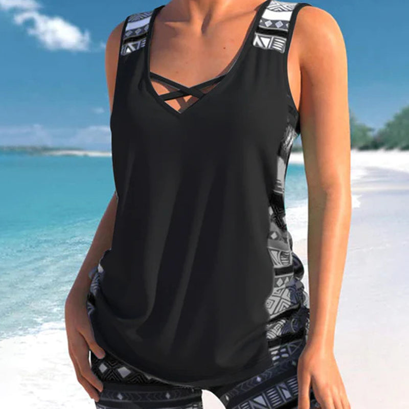 Tovienne™ - Tankini femme deux pièces col V shorts imprimé géométrique