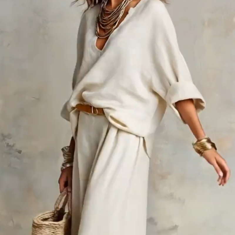 Cireva - Ensemble femme fluide avec haut col V et pantalon large
