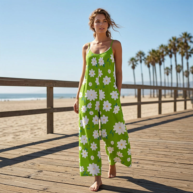 Dovellae™ - Combinaison Femme Bretelles Fines Imprimé Floral Jambes Larges Été