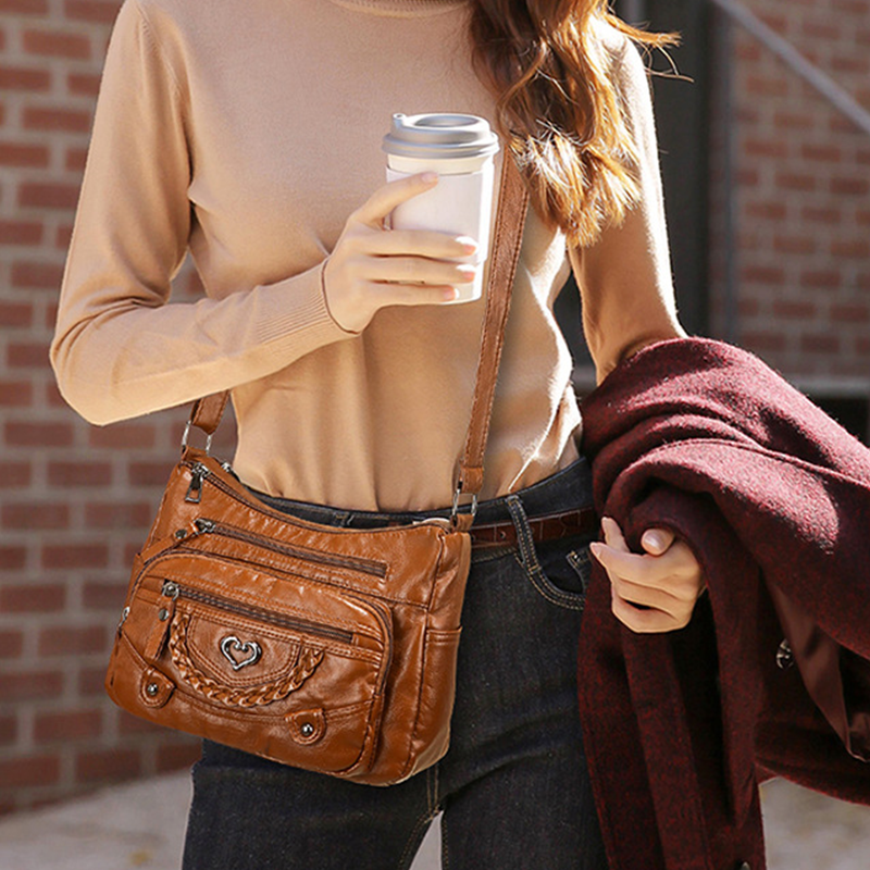 Quixelle™ - Sac bandoulière femme en cuir PU souple avec multiples poches