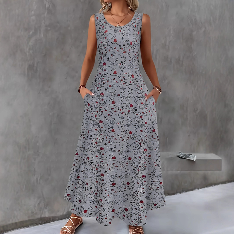 Karielle - Robe longue femme fleurie sans manches avec poches