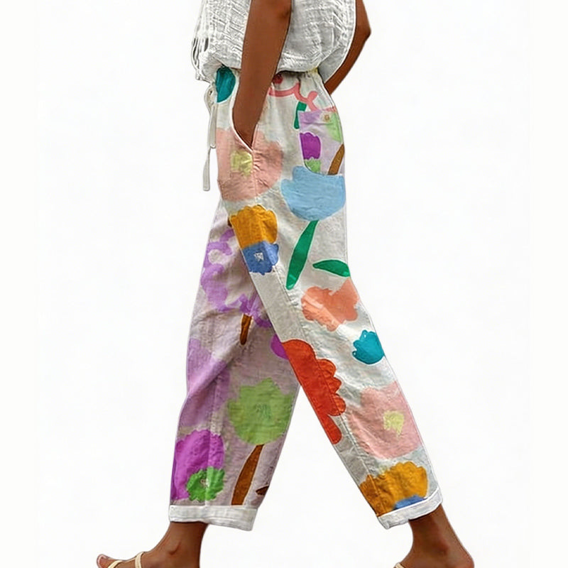 Loritha - Pantalon femme court à imprimé floral avec cordon