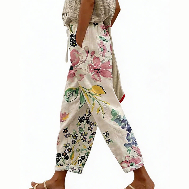 Loritha - Pantalon femme court à imprimé floral avec cordon