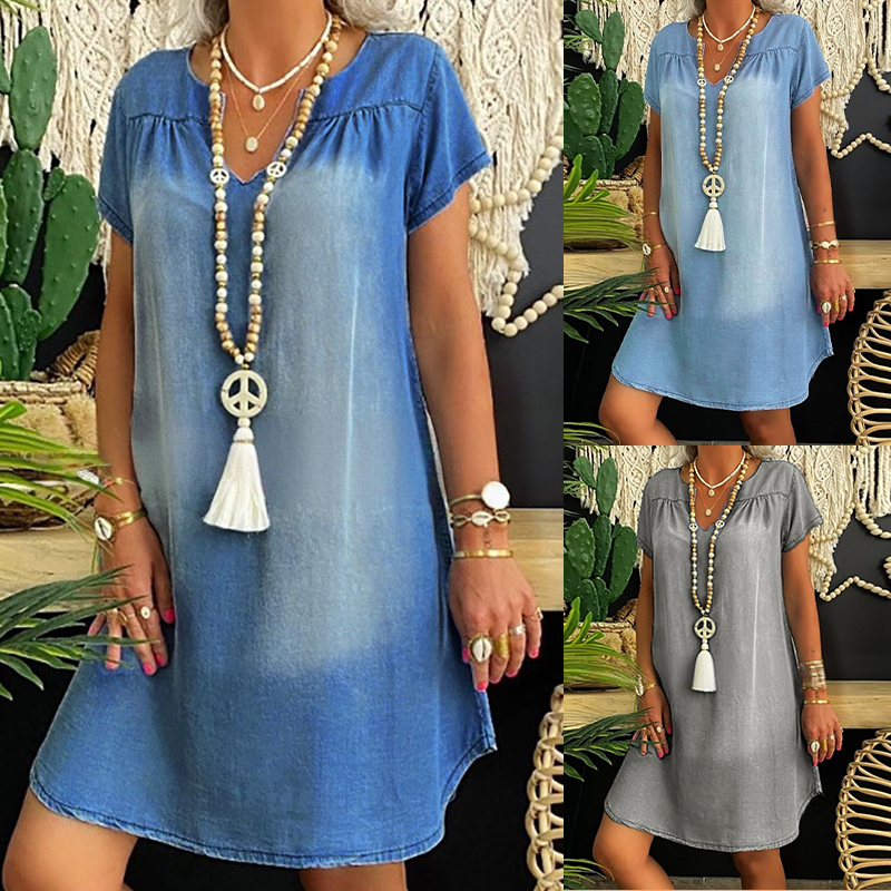 Loryssa - Robe en denim femme à col V et manches courtes