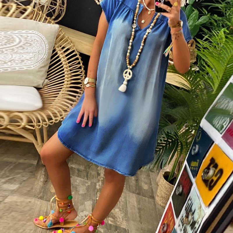 Loryssa - Robe en denim femme à col V et manches courtes