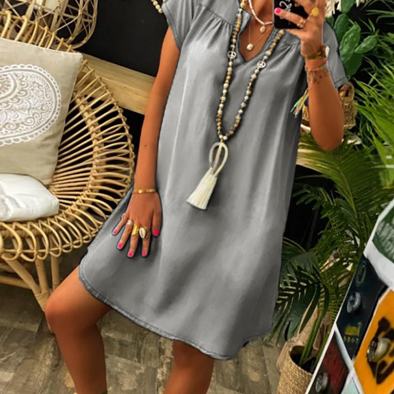 Loryssa - Robe en denim femme à col V et manches courtes