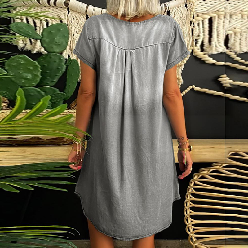 Loryssa - Robe en denim femme à col V et manches courtes