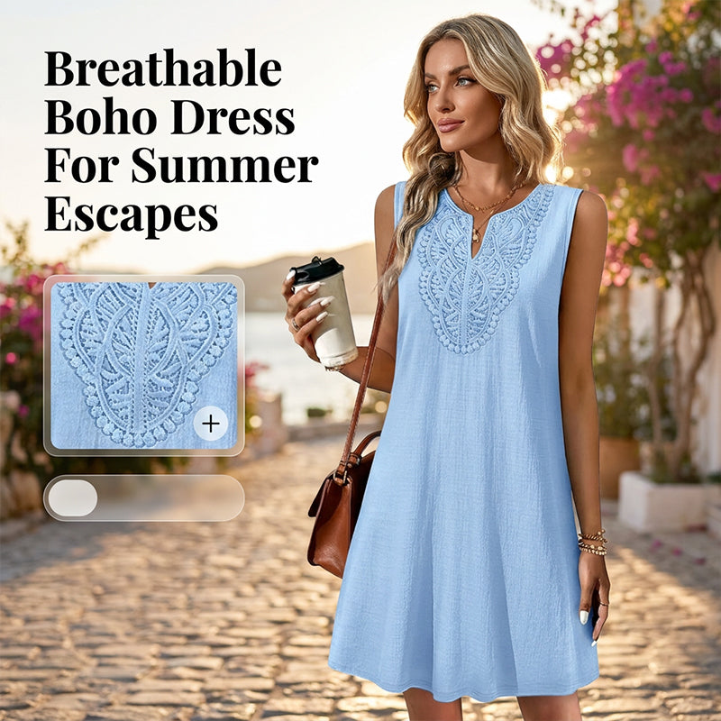 Faelisse - Robe d’été femme en coton-lin avec col V brodé