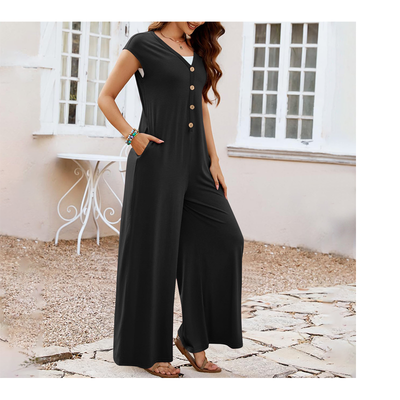 Priscena - Combinaison femme à col V avec boutons et jambes larges