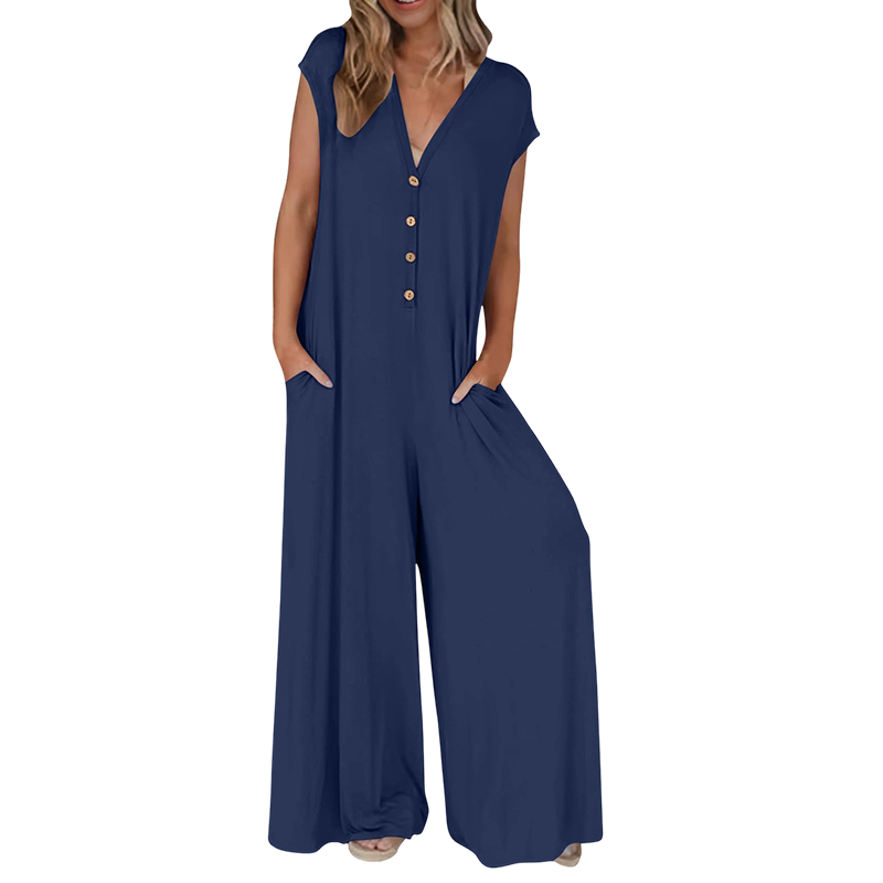 Priscena - Combinaison femme à col V avec boutons et jambes larges