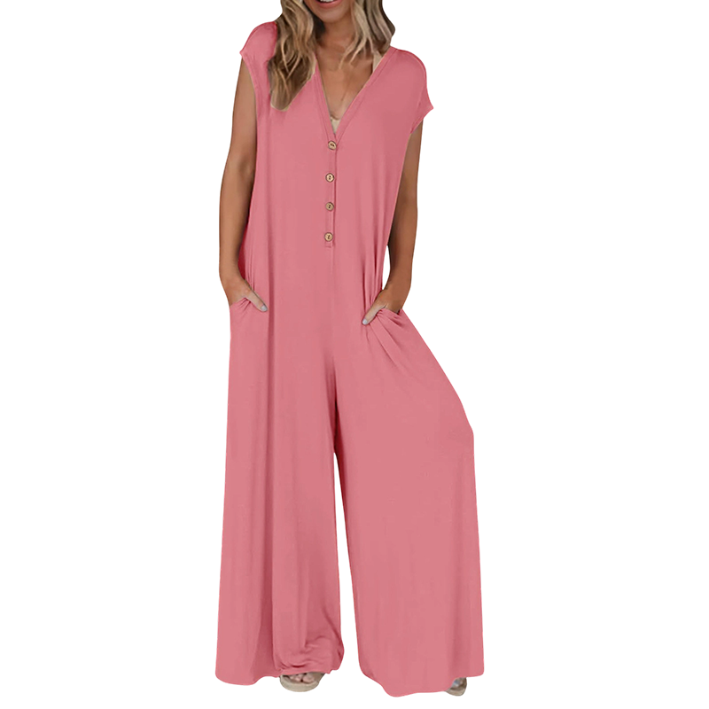 Priscena - Combinaison femme à col V avec boutons et jambes larges