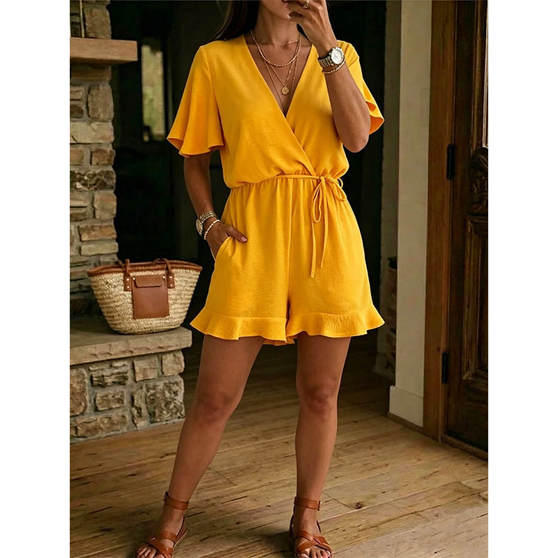 Giselia - Combishort femme col V avec volants et taille ajustable