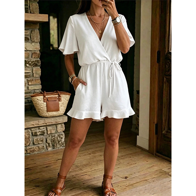 Giselia - Combishort femme col V avec volants et taille ajustable