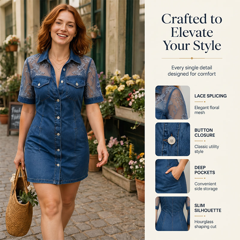 Galena - Robe chemise courte femme en denim avec dentelle transparente
