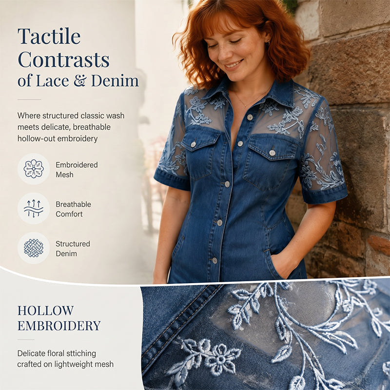 Galena - Robe chemise courte femme en denim avec dentelle transparente
